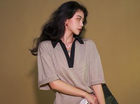 MOONA盐系法式宽松V领T恤女夏季短袖纯棉男友风POLO领中条纹上衣_MOONA 定制_女装/女士精品