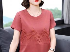 纯棉短袖t恤女夏季2023新款大码妈妈装洋气绣花拼接遮肚全棉上衣_婷婷家实拍女装店_女装/女士精品