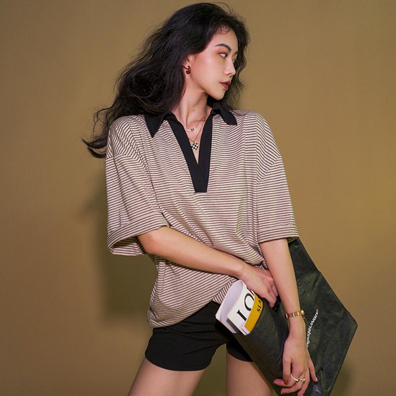 MOONA盐系法式宽松V领T恤女夏季短袖纯棉男友风POLO领中条纹上衣_MOONA 定制_女装/女士精品