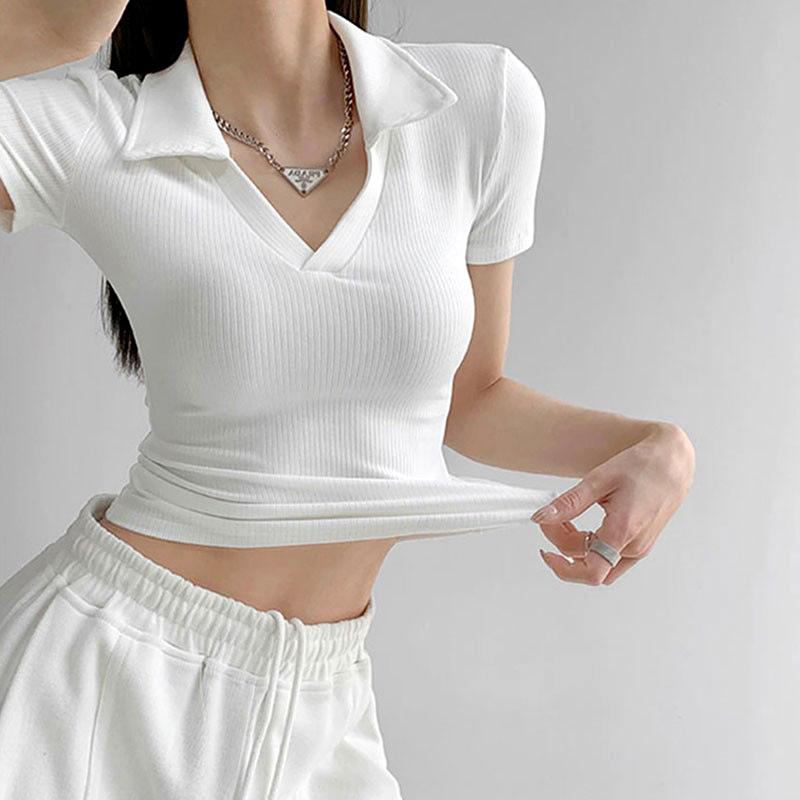 纯欲polo衫女夏季新款显瘦短款t恤设计感V领修身弹力短袖上衣ins1_董小姐Fashion折扣店_女装/女士精品