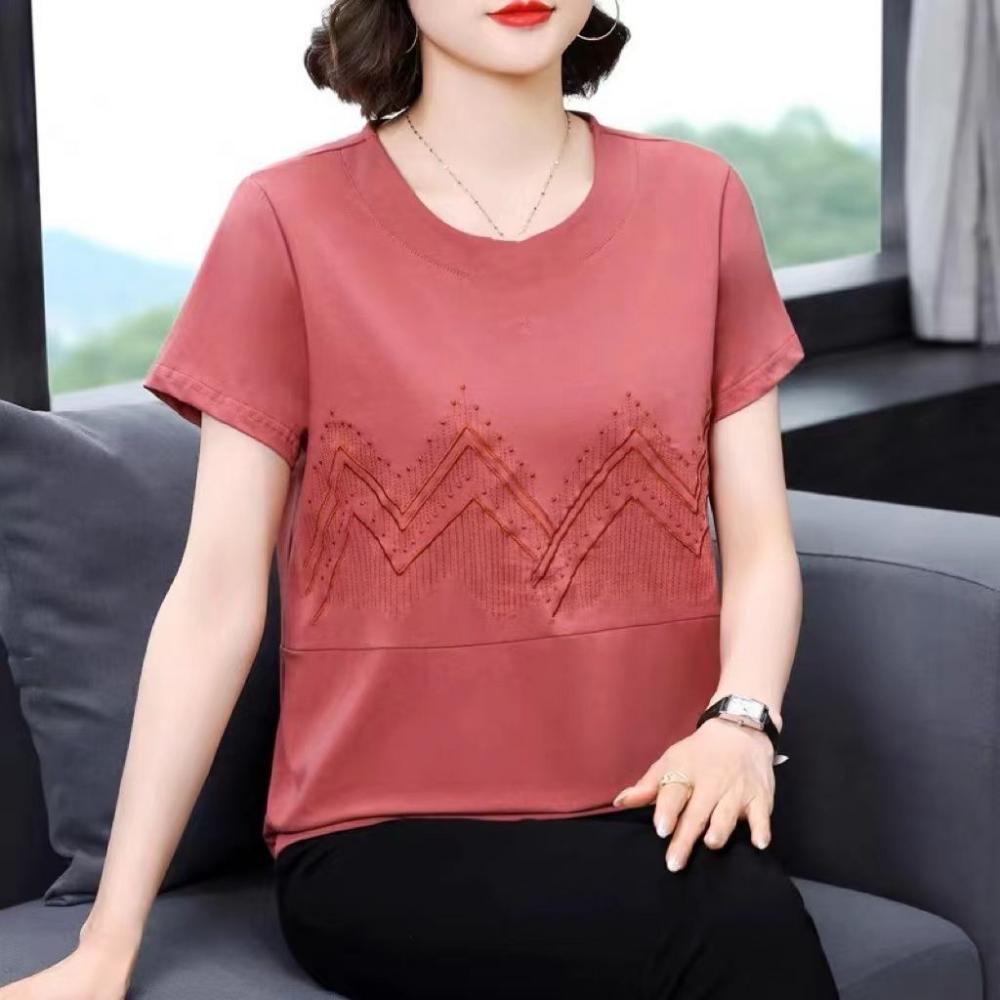 纯棉短袖t恤女夏季2023新款大码妈妈装洋气绣花拼接遮肚全棉上衣_婷婷家实拍女装店_女装/女士精品