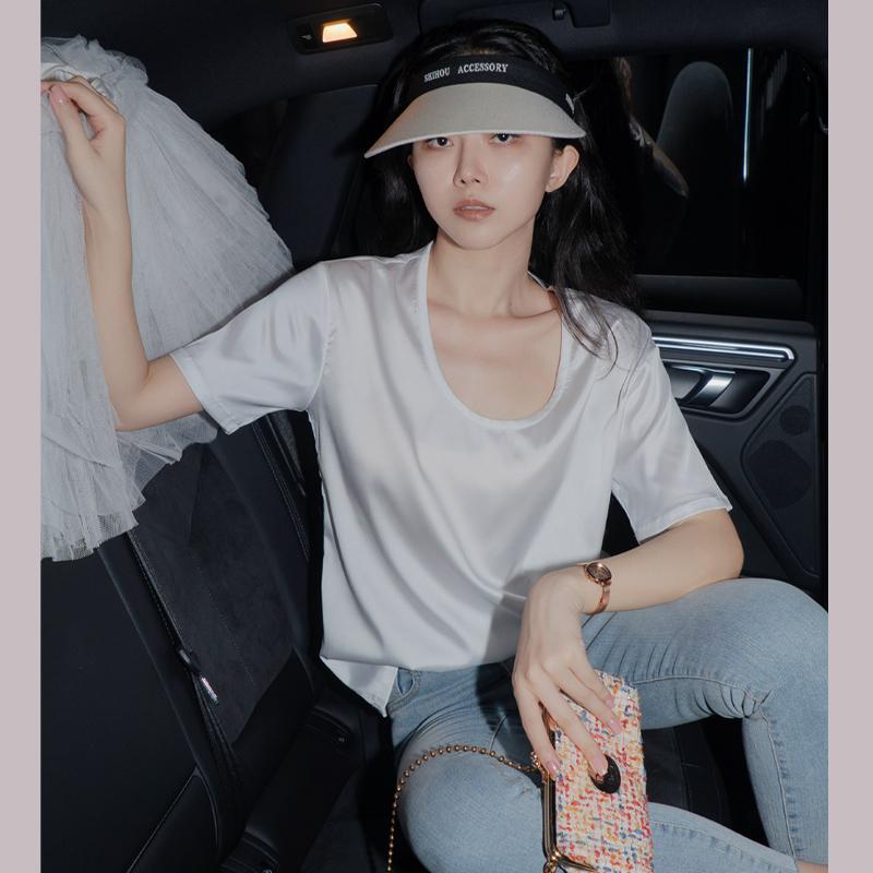 MOONA全绸缎短袖T恤女夏季冰丝凉感 MOONA珍珠光感 全绸缎短袖T恤女夏季冰丝凉感U领宽松气质法式上衣_MOONA 定制_女装/女士精品 女装_女士精品