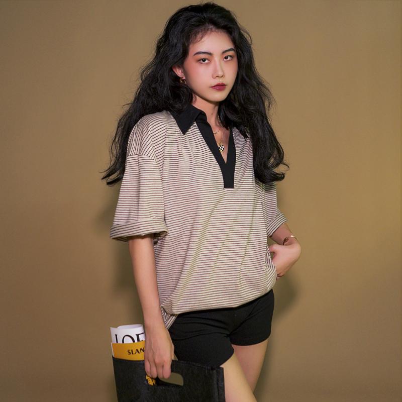 MOONA盐系法式宽松V领T恤女 MOONA盐系法式宽松V领T恤女夏季短袖纯棉男友风POLO领中条纹上衣_MOONA 定制_女装/女士精品 女装_女士精品