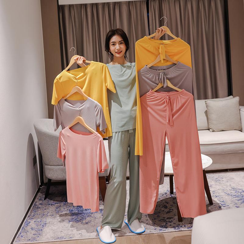 2023款冰丝短袖家居服女三件套 冰丝女装2023新睡衣女夏短袖短裤大码套装冰丝弹力家居服可外穿_米儿母婴推荐_女士内衣/男士内衣/家居服 女士内衣_男士内衣_家居服